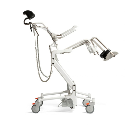 Etac Alto Electrically Powered Shower Commode Chair on wheels, featuring an adjustable headrest and footrests.