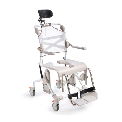 Etac Swift Mobil Tilt-2 tilt-in-space mobile shower commode chair featuring a mesh backrest, headrest, armrests, and adjustable footrests on four locking casters.
