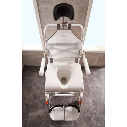Etac Swift Mobil Tilt-2 tilt-in-space mobile shower commode chair with a white frame, mesh backrest, headrest, armrests, and footrests.