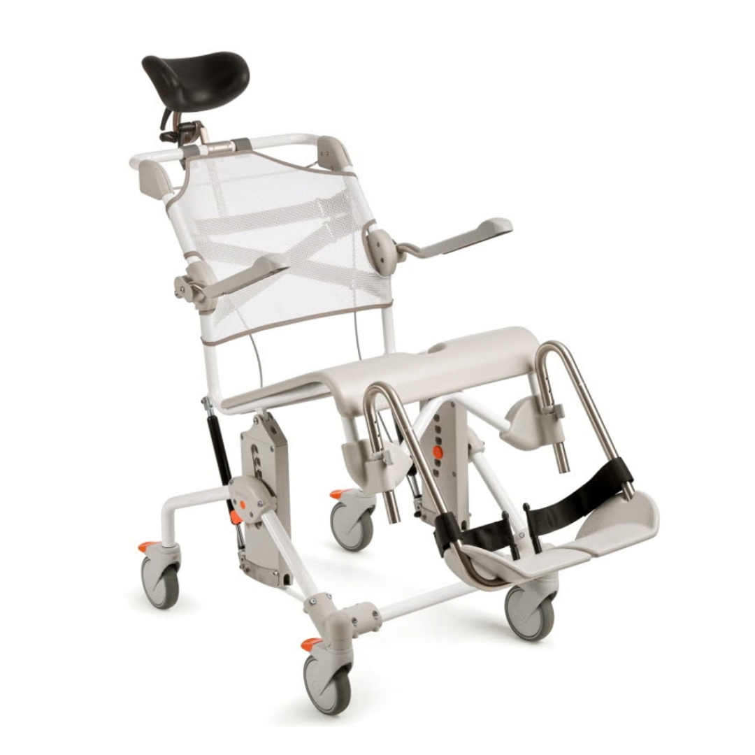 Etac Swift Mobil Tilt-2 shower commode chair featuring a mesh backrest, adjustable headrest, armrests, and folding footrests on four casters.