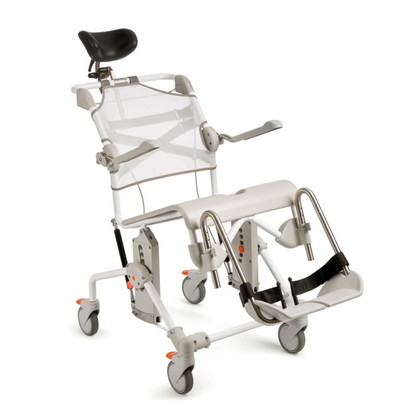 Etac Swift Mobil Tilt-2 shower commode chair featuring a mesh backrest, adjustable headrest, armrests, and folding footrests on four casters.