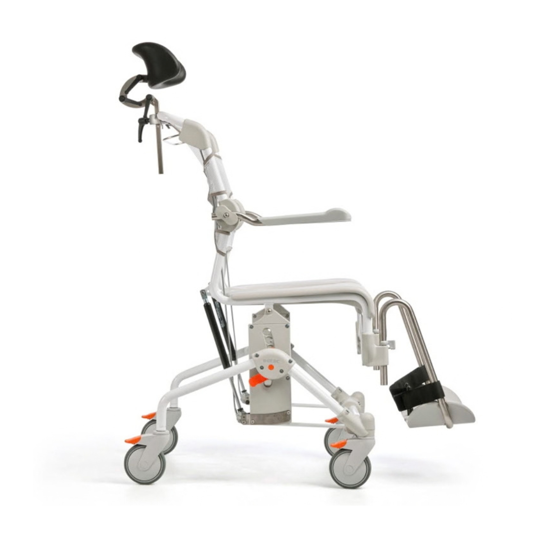 Etac Swift Mobil Tilt-2 shower commode chair with a reclining backrest, headrest, armrests, and adjustable footrests on locking casters.