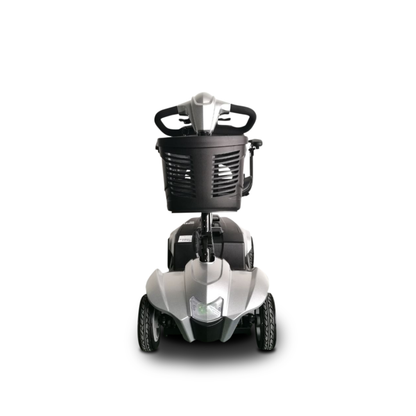 Front view of the EV Rider CityCruzer Portable Scooter, silver with four wheels and a black basket on the handlebars, isolated on a white background; designed for portability and convenience.