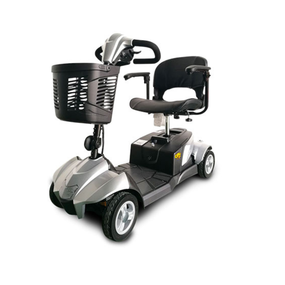 A silver EV Rider CityCruzer Portable Scooter with a black seat, armrests, and front basket is designed for personal transportation and displayed on a white background.