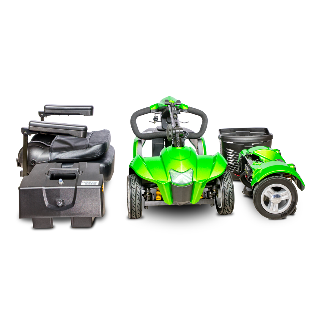 A green EV Rider CityCruzer Portable Scooter is shown disassembled into four main parts—seat, battery pack, main body with handlebars, and rear wheels—displayed on a white background to highlight its easy portability.