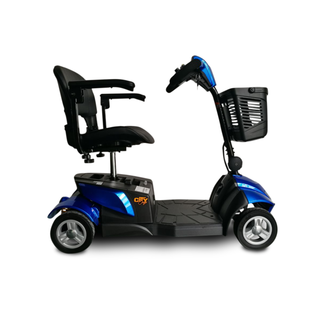 A blue and black EV Rider CityCruzer Portable Scooter with a padded seat, armrests, front basket, and handlebars is shown from the side on a white background.