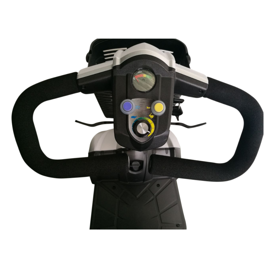 A close-up from above shows the buttons and central speed dial on the EV Rider CityCruzer Portable Scooter's handlebar, highlighting its smart design and portability against a white background.