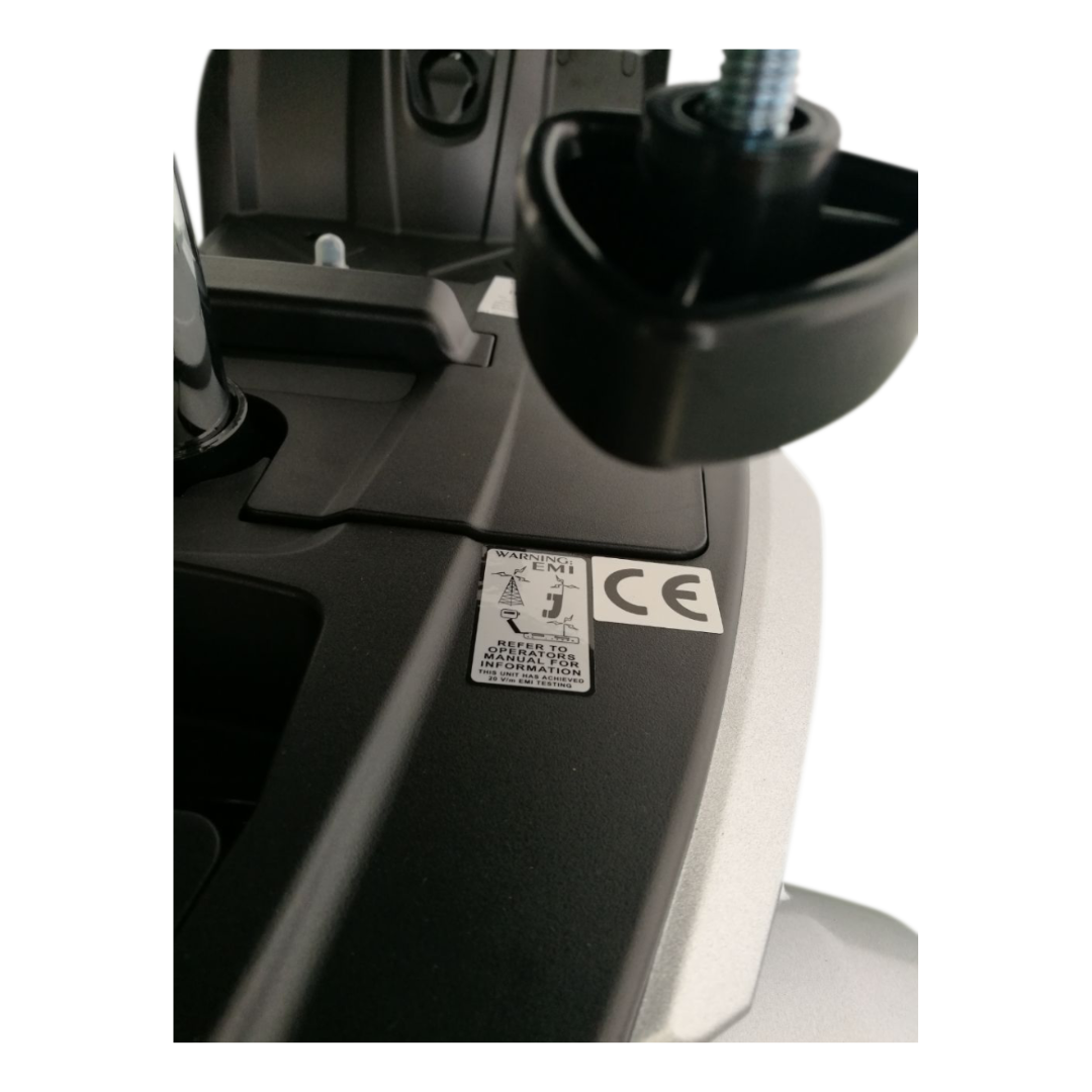 Close-up of the control panel with a CE mark and caution label on the EV Rider CityCruzer Portable Scooter, highlighting this portable scooter’s advanced safety features.