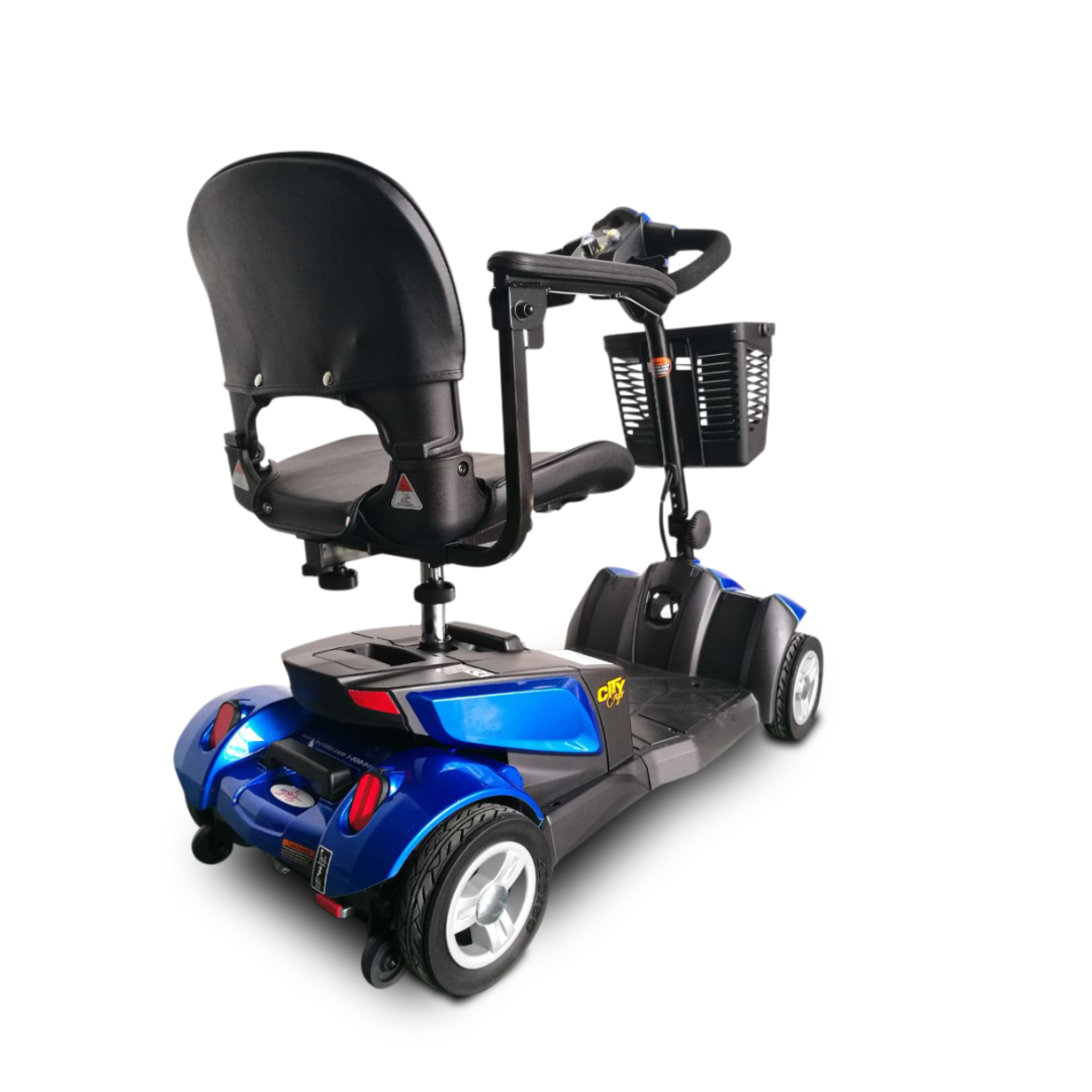 The EV Rider CityCruzer Portable Scooter, featuring four blue wheels, a black seat with armrests, and a front basket, is shown from behind against a white background.
