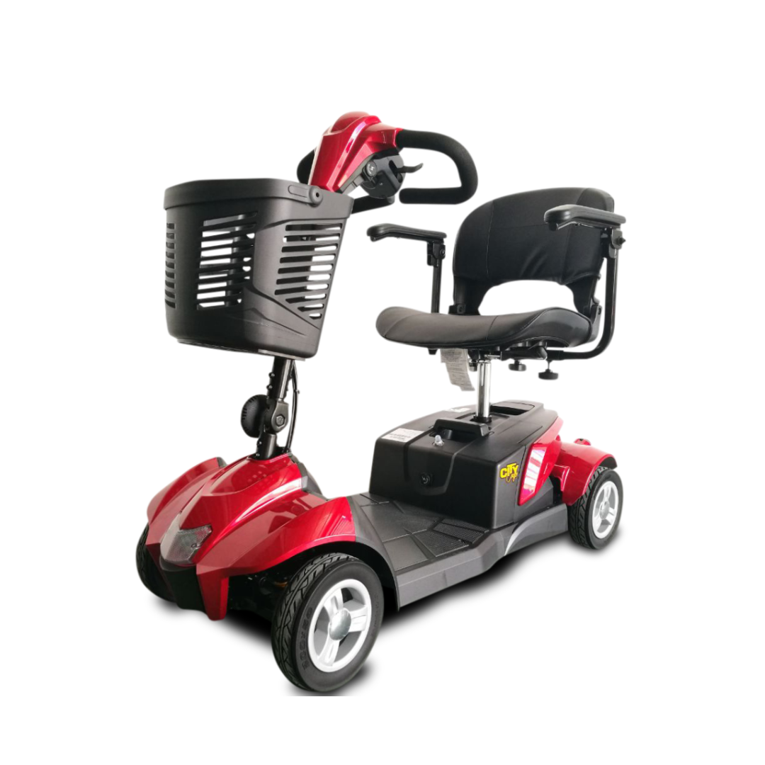A red EV Rider CityCruzer Portable Scooter with 4 wheels, front basket, black cushioned seat, and armrests is shown on a white background. This mobility scooter is designed to help individuals with mobility challenges.
