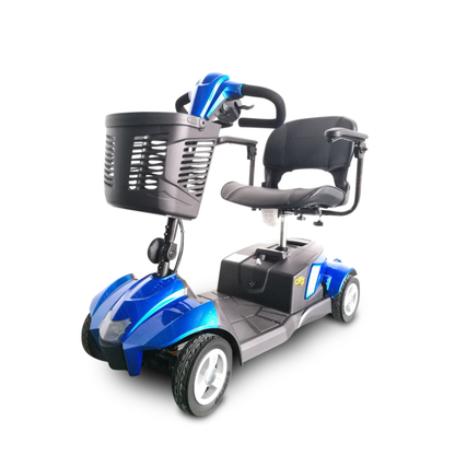 A blue and black EV Rider CityCruzer Portable Scooter with a front basket, padded seat, armrests, and four wheels is shown against a white background.