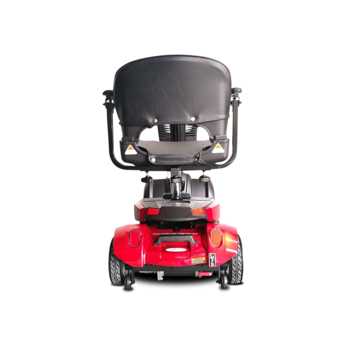 Rear view of an EV Rider CityCruzer Portable Scooter with a black cushioned seat, sturdy handles, and four wheels, displayed on a white background.