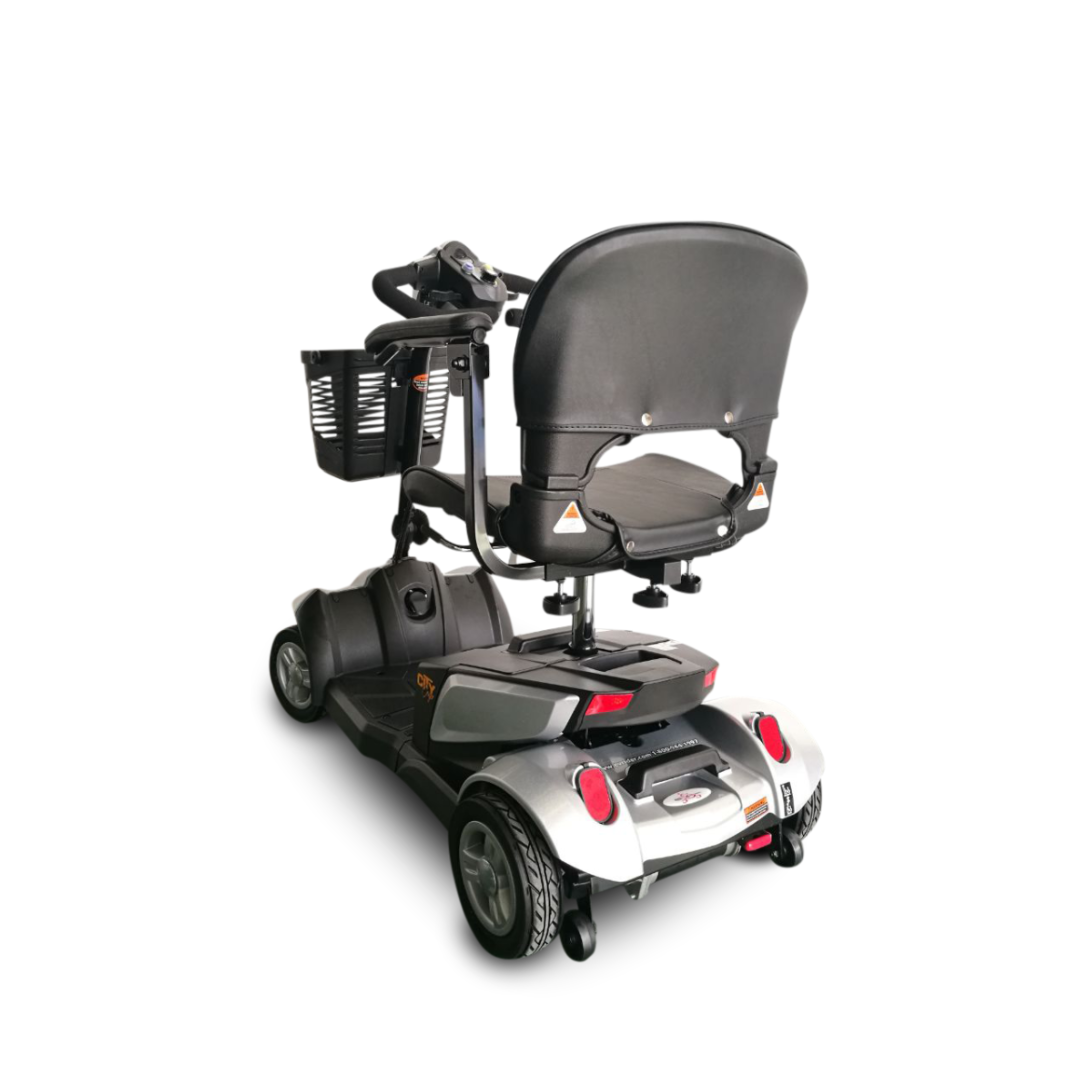 A rear view of a black and silver EV Rider CityCruzer Portable Scooter with a cushioned seat, armrests, front basket, and four wheels, photographed against a white background.