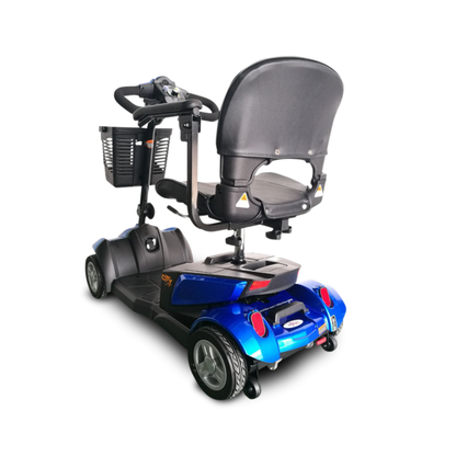 A blue EV Rider CityCruzer Portable Scooter with a black seat, rear basket, and handlebars is displayed from a rear side angle on a white background.