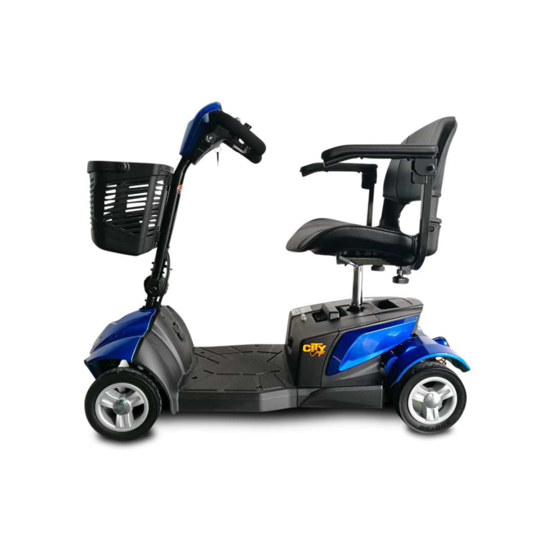 The EV Rider CityCruzer Portable Scooter in blue and black features three wheels, a front basket, padded seat, and armrests, shown from the side on a white background.