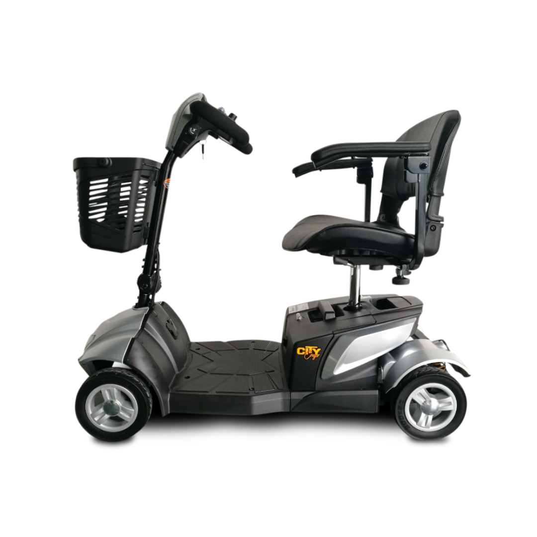 A black and silver EV Rider CityCruzer Portable Scooter, featuring three wheels, a front basket, armrests, and a padded seat, is displayed from the side against a white background.