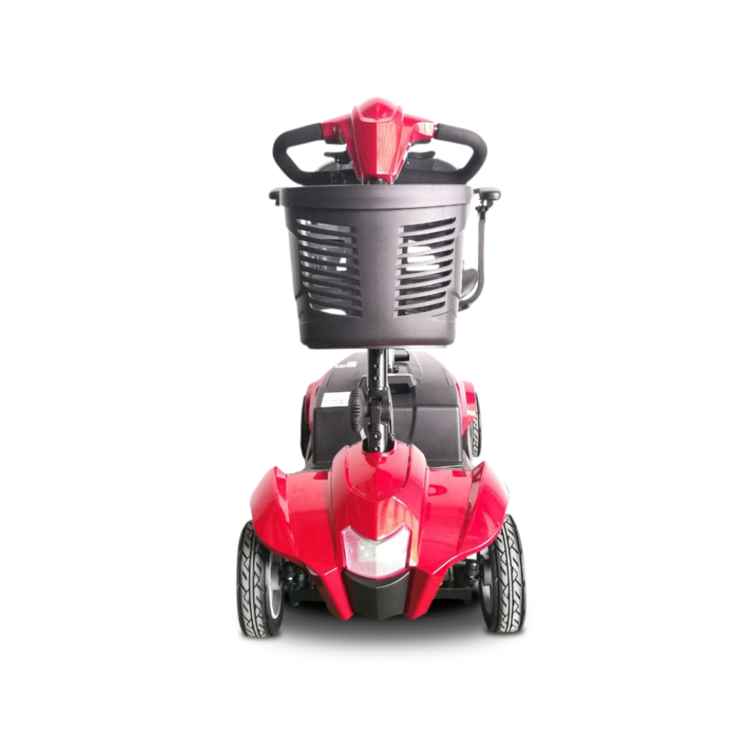 Front view of an EV Rider CityCruzer Portable Scooter in red, featuring four wheels and a black basket on the handlebars, displayed against a white background.
