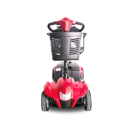 Front view of an EV Rider CityCruzer Portable Scooter in red, featuring four wheels and a black basket on the handlebars, displayed against a white background.