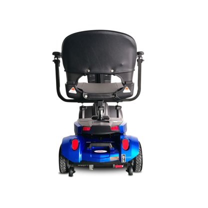 A blue EV Rider CityCruzer Portable Scooter shown from the rear highlights its black backrest, armrests, rear wheels, reflectors, and base against a white background.
