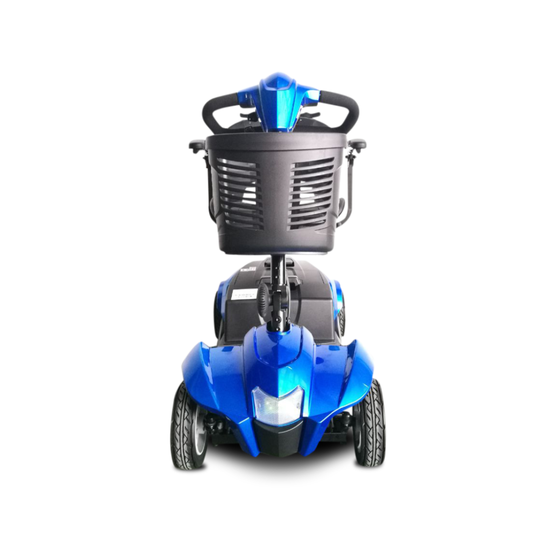 Front view of the EV Rider CityCruzer Portable Scooter, a blue 4-wheel mobility scooter with a black handlebar basket, shown against a white background.