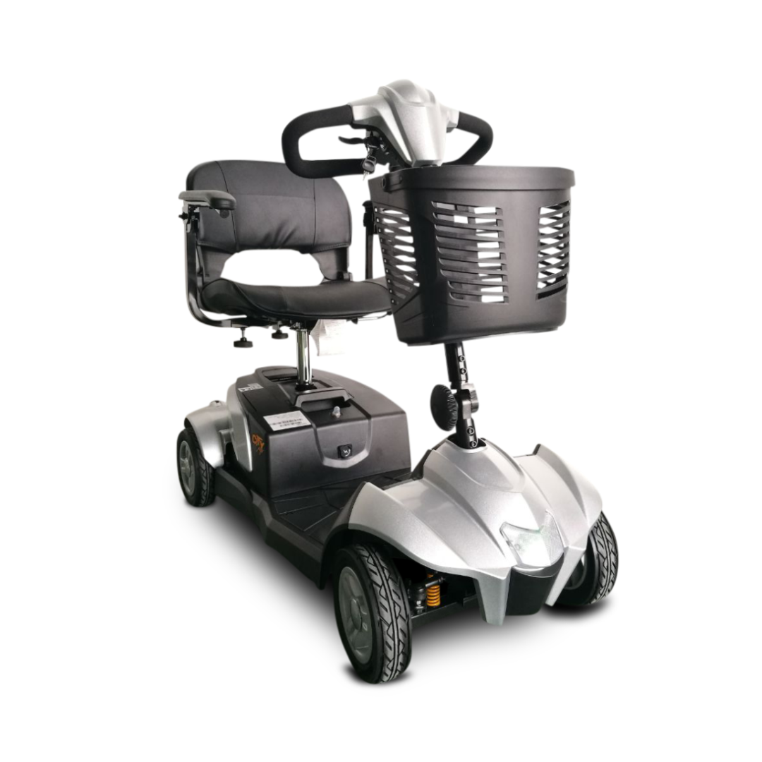 The EV Rider CityCruzer Portable Scooter, shown in silver with a black padded seat, armrests, front storage basket, and four wheels on a white background, is an ideal choice for portable mobility needs.