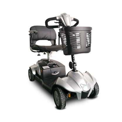 The EV Rider CityCruzer Portable Scooter, shown in silver with a black padded seat, armrests, front storage basket, and four wheels on a white background, is an ideal choice for portable mobility needs.
