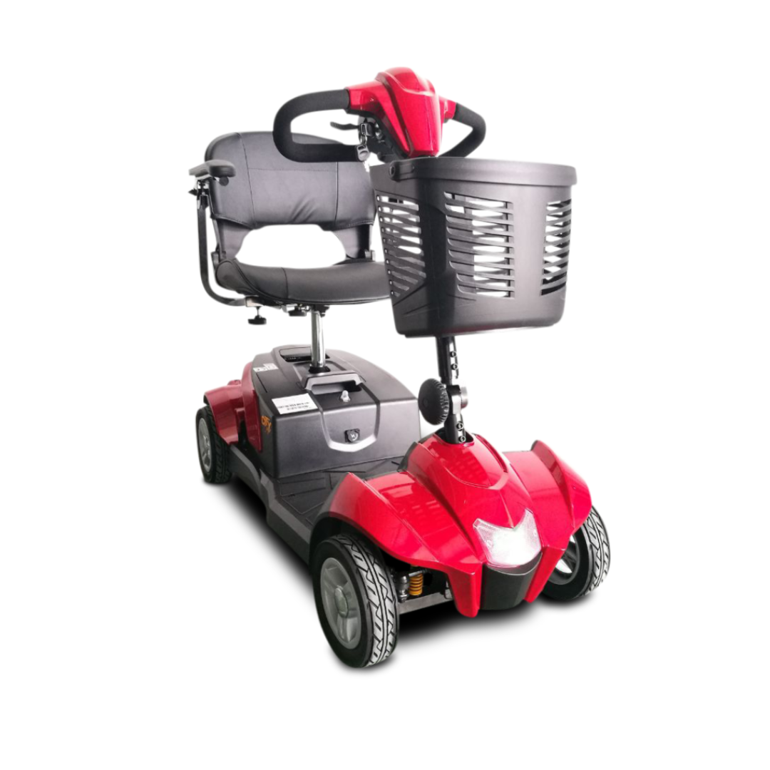 A red EV Rider CityCruzer Portable Scooter with a black seat, armrests, handlebars, and a front basket is shown on a white background.