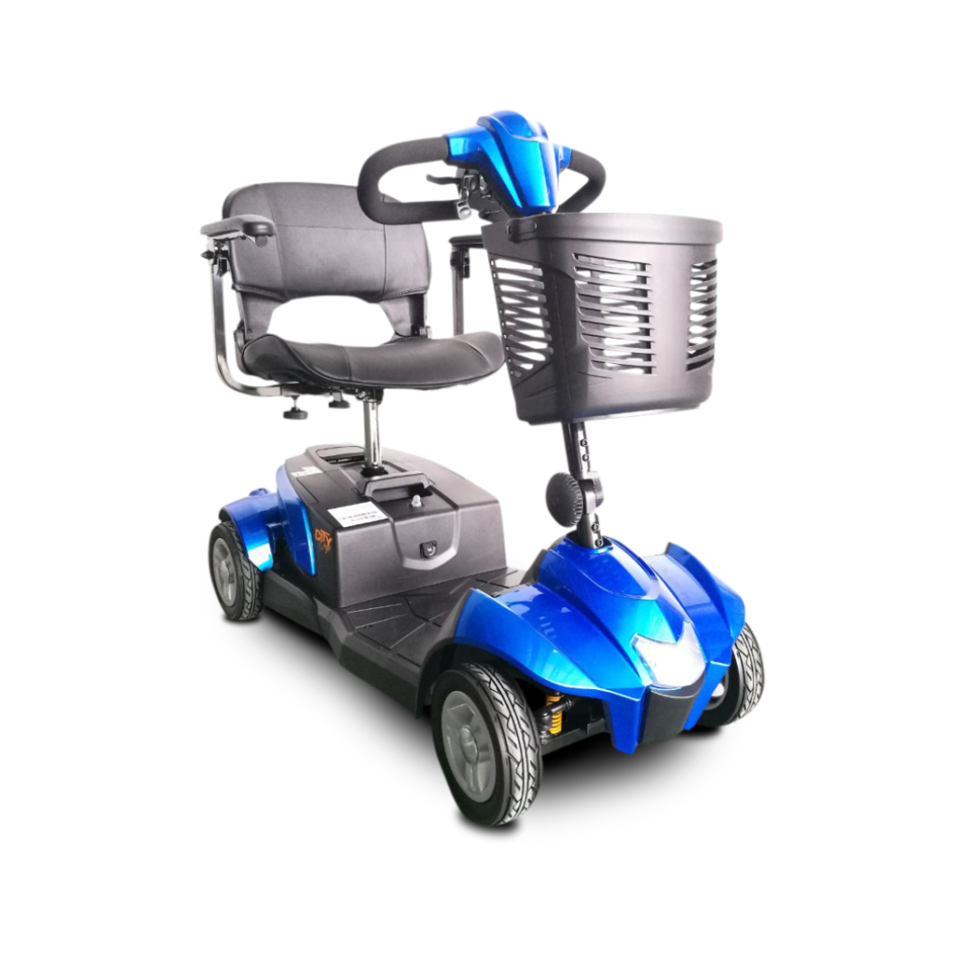 The EV Rider CityCruzer Portable Scooter, shown in blue with 4 wheels, padded seat, armrests, control panel handles, and a front basket, offers comfort and convenience for daily travel on a white background.