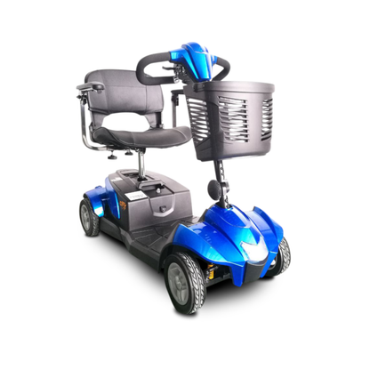 The EV Rider CityCruzer Portable Scooter, shown in blue with 4 wheels, padded seat, armrests, control panel handles, and a front basket, offers comfort and convenience for daily travel on a white background.