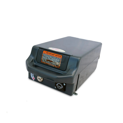 The Ev Rider Lithium Battery Replacement for Teqno Scooters is a black, rectangular battery with a combination dial and key slot on the front, plus an orange warning label on the top panel.