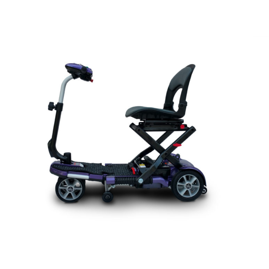 The EV Rider Transport Plus Portable Mobility Scooter, shown in a side view on a white background, features a compact, foldable design with a black seat, handlebar, and four wheels.