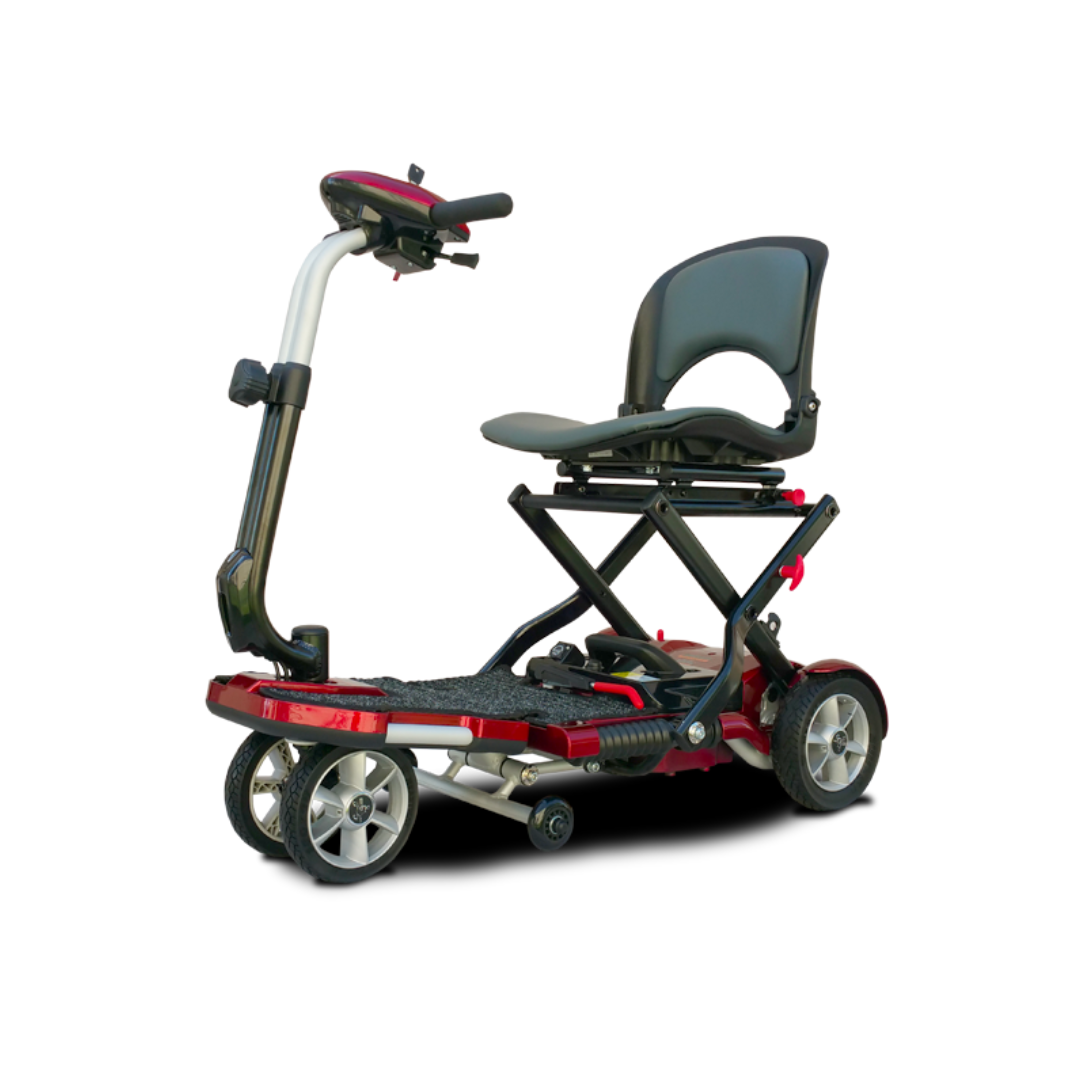 The EV Rider Transport Plus Portable Mobility Scooter is a compact, airline-safe, foldable scooter with a black seat, red base, four wheels, and handlebars, shown on a white background.