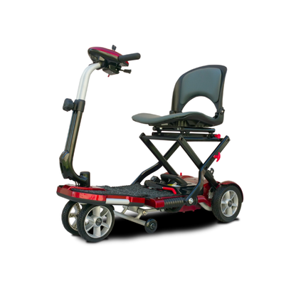 The EV Rider Transport Plus Portable Mobility Scooter is a compact, airline-safe, foldable scooter with a black seat, red base, four wheels, and handlebars, shown on a white background.