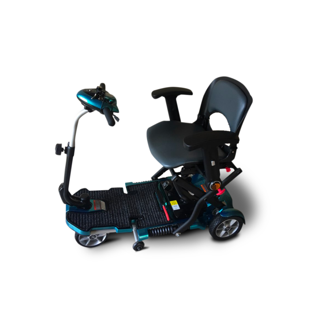 The EV Rider Transport Plus Portable Mobility Scooter is a compact, teal and black model with four wheels, a padded seat, armrests, and control panel, shown against a white background.