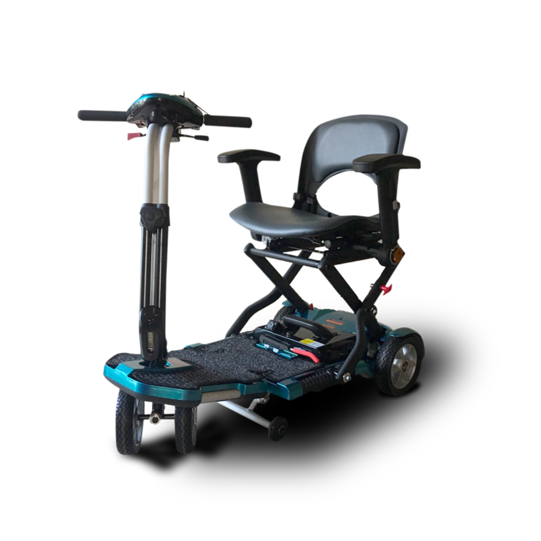 The EV Rider Transport Plus Portable Mobility Scooter features three wheels, a black seat with armrests, handlebars, and a compact foldable design. Shown on a white background, it's ideal for travel and daily use.