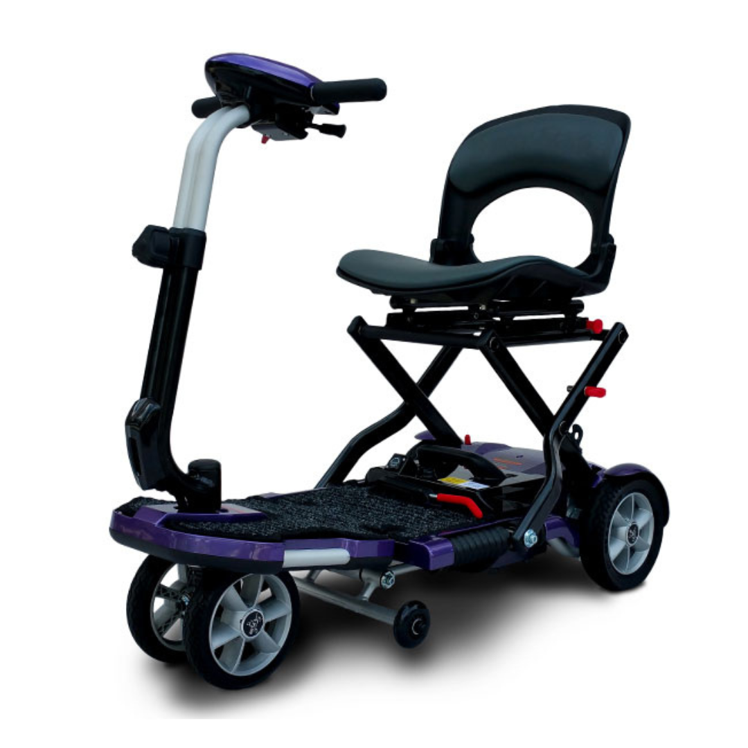 The EV Rider Transport Plus Portable Mobility Scooter is a compact, foldable four-wheel scooter with a cushioned seat, backrest, handlebars, and foot platform—airline-safe and ideal for easy personal mobility during travel.