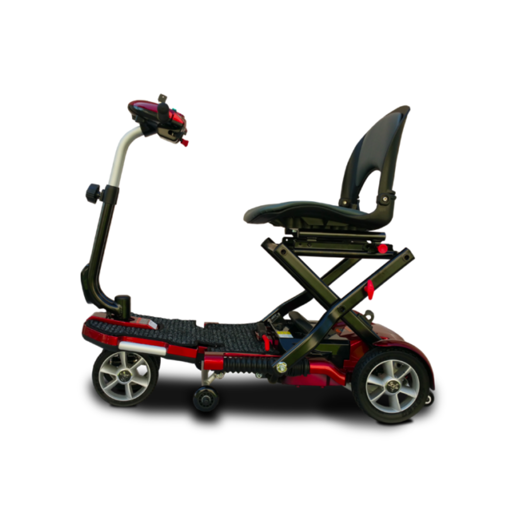 The EV Rider Transport Plus Portable Mobility Scooter features a compact, foldable design with four wheels, a black seat, and a handlebar-mounted control panel—perfect for travel and shown against a white background.