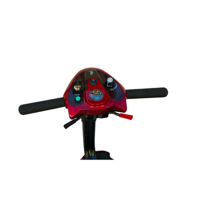 Close-up view of the control panel and handlebars of the EV Rider Transport Plus Portable Mobility Scooter, featuring buttons, a dial, and grips, isolated on a white background.