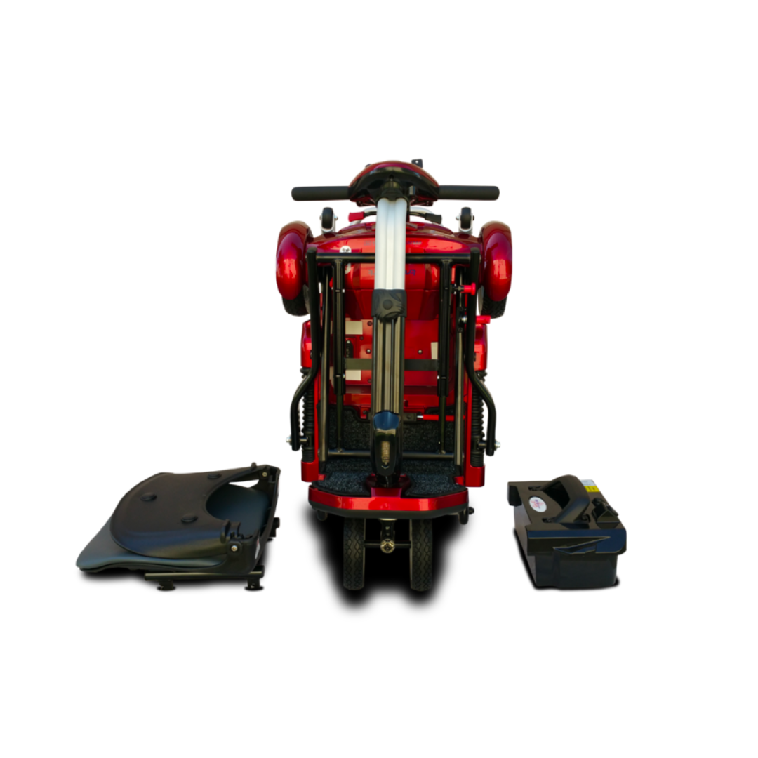 The EV Rider Transport Plus Portable Mobility Scooter, shown upright from the front against a white background, features a red foldable design, black seat, and battery packs on either side.