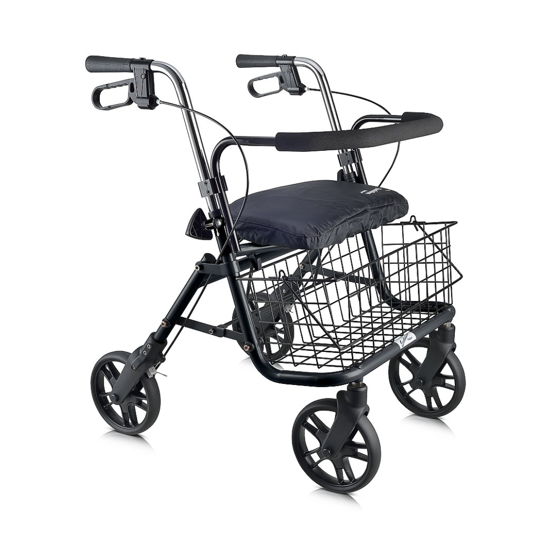 The Evolution DX Ultra Stable Rolling Walker is a black rollator with four wheels, a padded seat, hand brakes, and a storage wire basket underneath. This heavy-duty walker offers reliable mobility support and enhanced comfort.