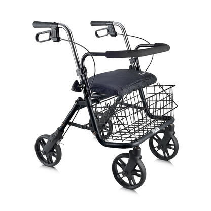 The Evolution DX Ultra Stable Rolling Walker is a black rollator with four wheels, a padded seat, hand brakes, and a storage wire basket underneath. This heavy-duty walker offers reliable mobility support and enhanced comfort.