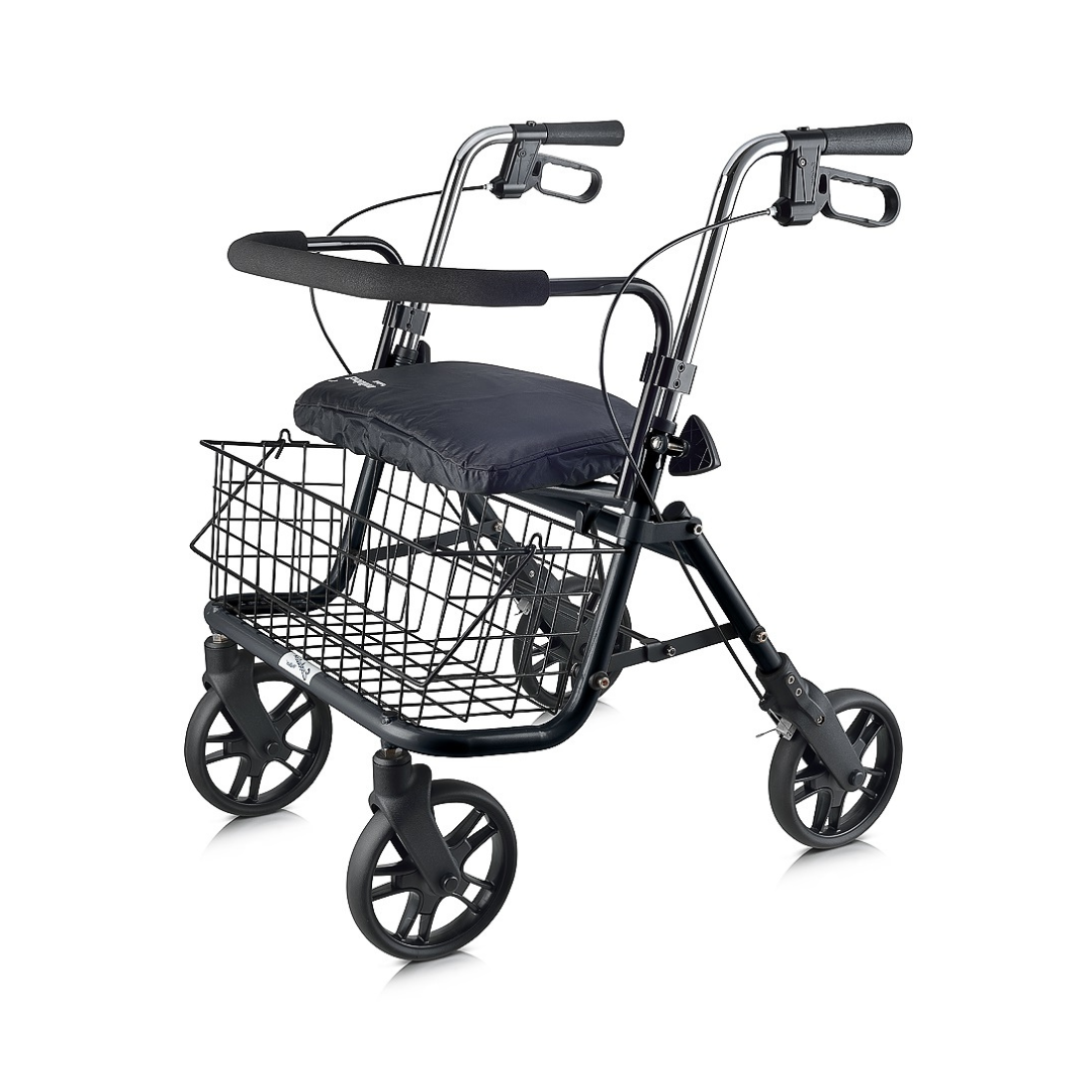 The Evolution DX Ultra Stable Rolling Walker is a black four-wheel mobility aid with handlebars, hand brakes, a padded seat, and a wire basket under the seat for storage.