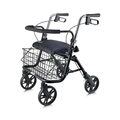 The Evolution DX Ultra Stable Rolling Walker is a black four-wheel mobility aid with handlebars, hand brakes, a padded seat, and a wire basket under the seat for storage.