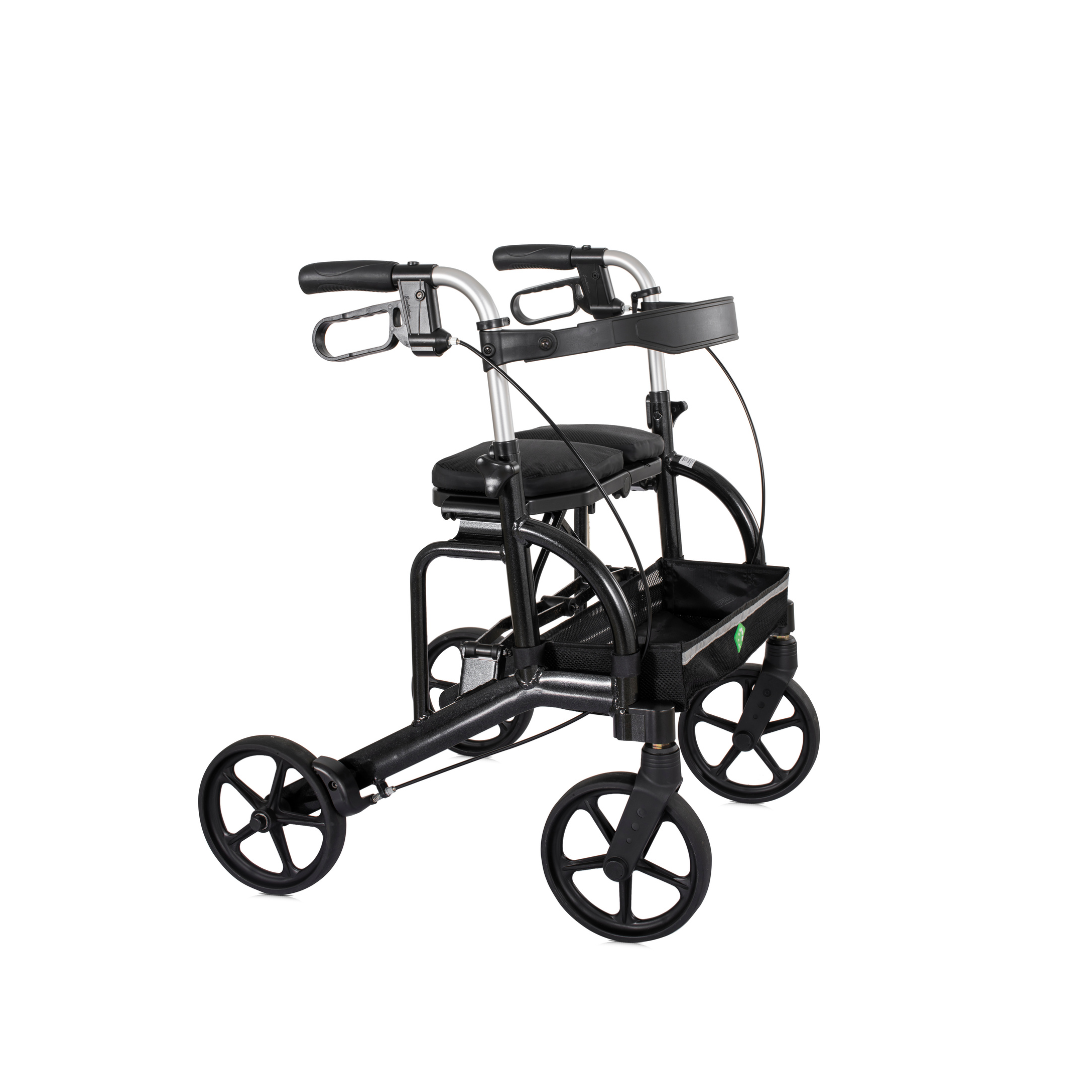 The Evolution Sierra Air Lightweight Folding Rollator (only 15 lbs) in black features four large wheels, padded seat, handlebar brakes, and a storage basket, providing easy indoor and outdoor mobility support.