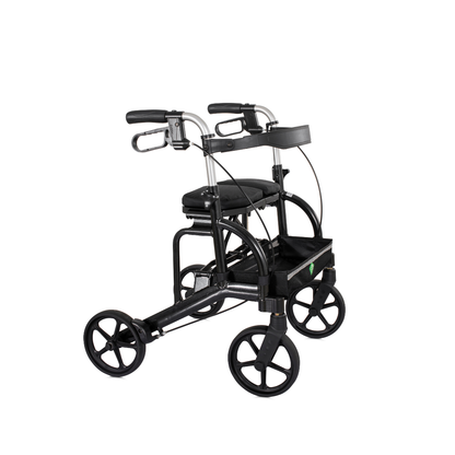 The Evolution Sierra Air Lightweight Folding Rollator (only 15 lbs) in black features four large wheels, padded seat, handlebar brakes, and a storage basket, providing easy indoor and outdoor mobility support.