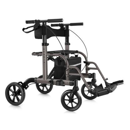 The Evolution Sierra Explorer 2-in-1 Hybrid Walker Wheelchair is a lightweight, foldable chair with large rear wheels, handbrakes, footrests, a black seat, and a metallic frame for versatile mobility and convenient walker-wheelchair use.