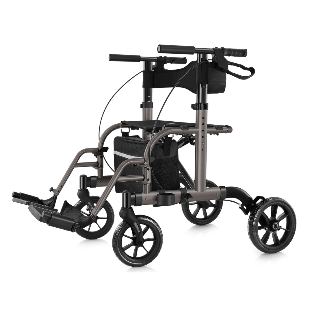 The Evolution Sierra Explorer 2-in-1 Hybrid Walker Wheelchair is lightweight and foldable, featuring four wheels, handlebars with hand brakes, a seat with footrests, and a storage pouch under the seat.