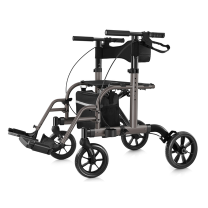 The Evolution Sierra Explorer 2-in-1 Hybrid Walker Wheelchair is lightweight and foldable, featuring four wheels, handlebars with hand brakes, a seat with footrests, and a storage pouch under the seat.