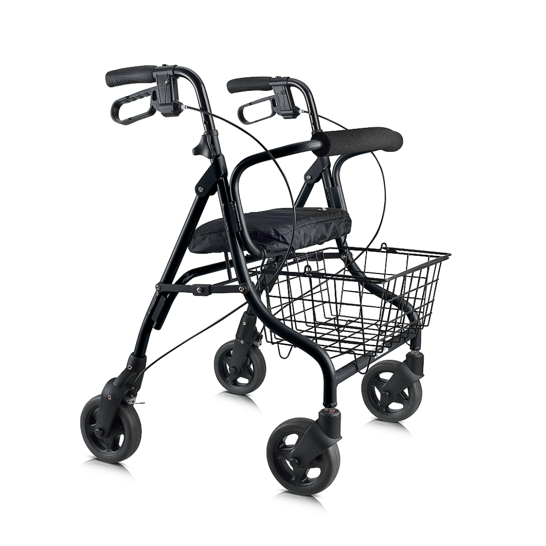 The Evolution Sprite Ultralight Shopping Rollator with XL Basket is a lightweight walker featuring four wheels, hand brakes, a padded seat and backrest, plus an extra-large front basket for convenient storage.