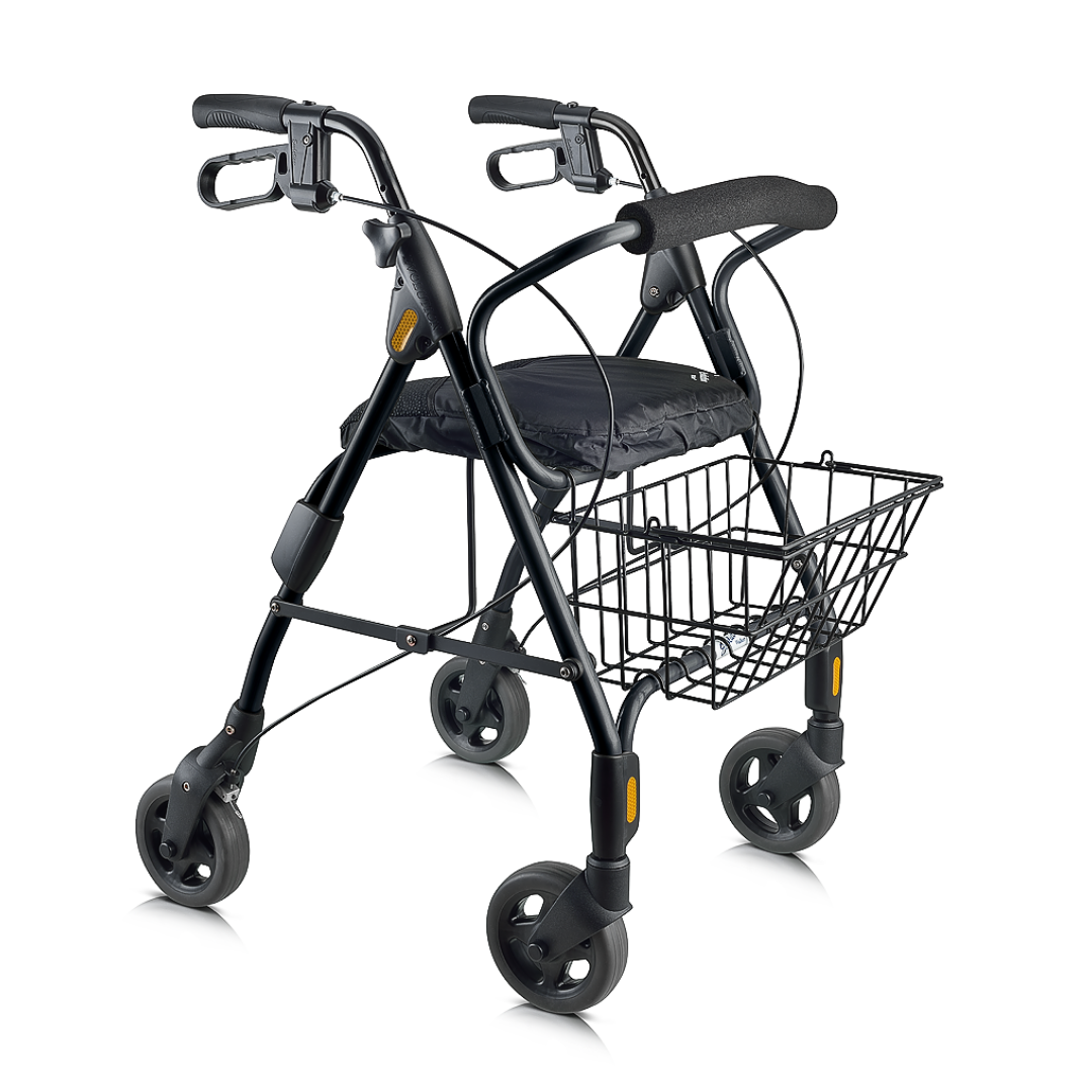 The Evolution Sprite Ultralight Shopping Rollator features four wheels, hand brakes, a padded seat, and an XL metal wire basket underneath for extra storage.